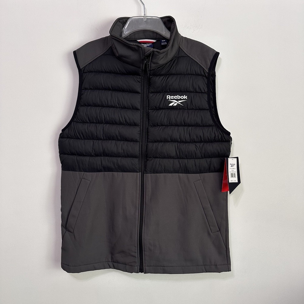 Reebok Mens Partial Puffer Vest M Full Zip Gray Black Pockets Travel Jacket NEW